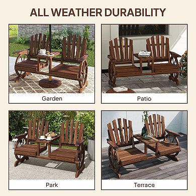 Wooden Garden Bench with Table 2 Seat Wagon Wheel Patio Bench