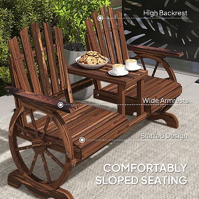Wooden Garden Bench with Table 2 Seat Wagon Wheel Patio Bench