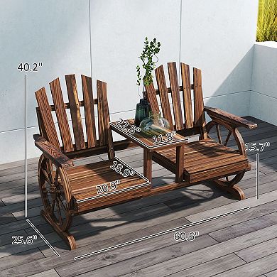 Wooden Garden Bench with Table 2 Seat Wagon Wheel Patio Bench