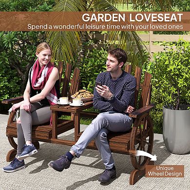 Wooden Garden Bench with Table 2 Seat Wagon Wheel Patio Bench