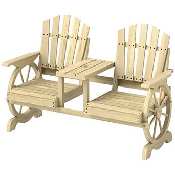 Wooden Garden Bench with Table 2 Seat Wagon Wheel Patio Bench