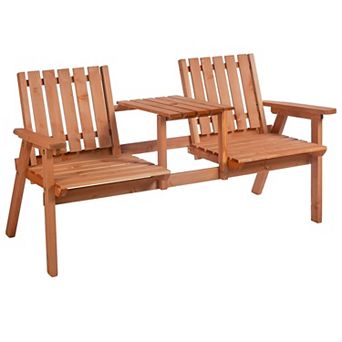 Wooden Patio Bench with Table 2 Seat Outdoor Garden Bench with Umbrella Hole