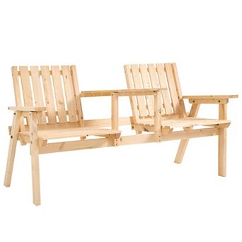 Wooden Patio Bench with Table 2 Seat Outdoor Garden Bench with Umbrella Hole