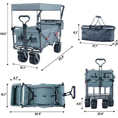 Foldable Utility Wagon Cart with Wheels Push Pull Design, Storage Bags, Brakes