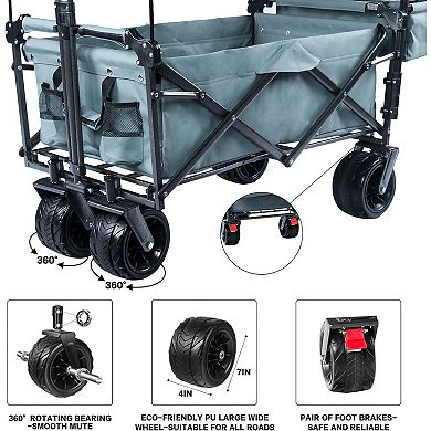 Foldable Utility Wagon Cart with Wheels Push Pull Design, Storage Bags, Brakes