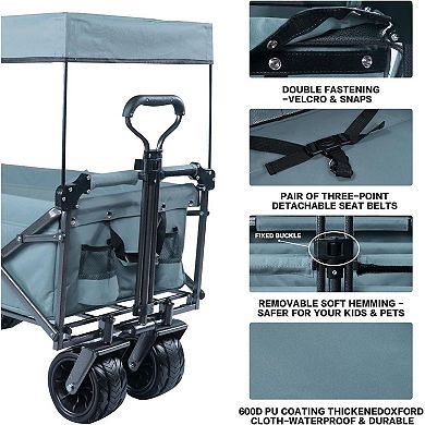 Foldable Utility Wagon Cart with Wheels Push Pull Design, Storage Bags, Brakes