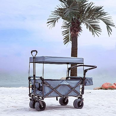 Foldable Utility Wagon Cart with Wheels Push Pull Design, Storage Bags, Brakes