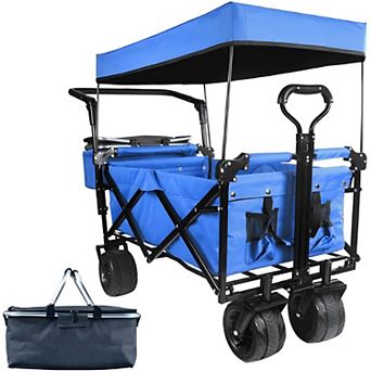 Foldable Utility Wagon Cart with Wheels Push Pull Design, Storage Bags, Brakes