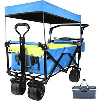 Foldable Utility Wagon Cart with Wheels Push Pull Design, Storage Bags, Brakes