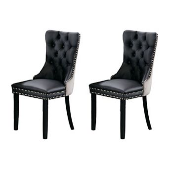 Set of 2 Upholstered Dining Chairs PU Leather Velvet Seat Wood Legs for Kitchen