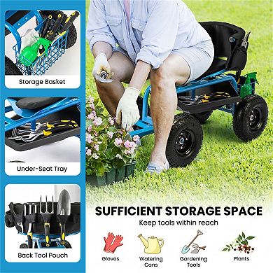 Rolling Garden Cart with Swivel Seat Adjustable Height