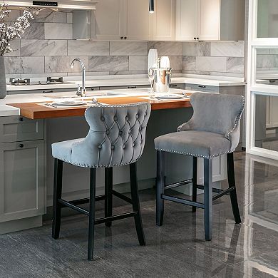 Set of 2 Swivel Bar Stools with Wing Back Adjustable Velvet Counter Chairs