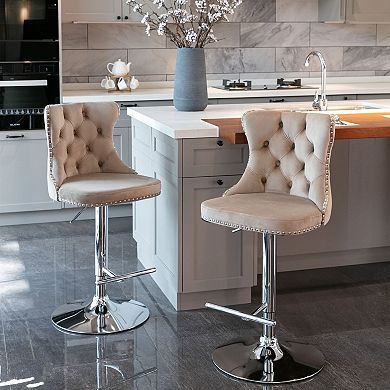 Velvet Swivel Bar Stools Adjustable Height Tufted Chrome Base Set