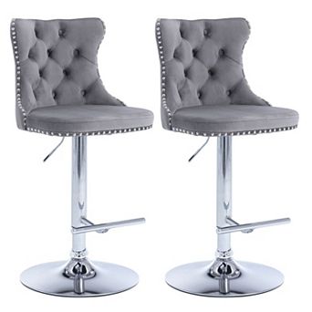Velvet Swivel Bar Stools Adjustable Height Tufted Chrome Base Set