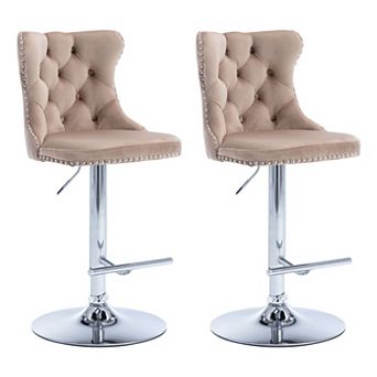 Velvet Swivel Bar Stools Adjustable Height Tufted Chrome Base Set