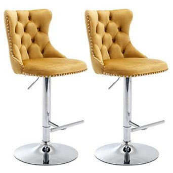 Velvet Swivel Bar Stools Adjustable Height Tufted Chrome Base Set