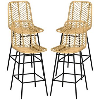 Set of 4 Counter Height Bar Stools PE Rattan Seats with Steel Frame and Footrest