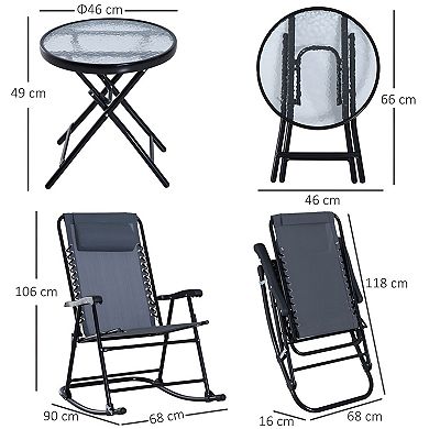 3 Piece Folding Patio Rocking Chair Set with Glass Side Table