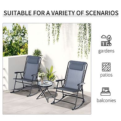 3 Piece Folding Patio Rocking Chair Set with Glass Side Table