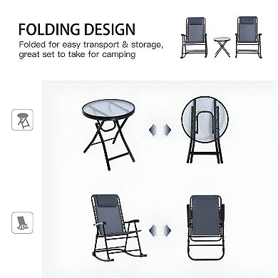 3 Piece Folding Patio Rocking Chair Set with Glass Side Table