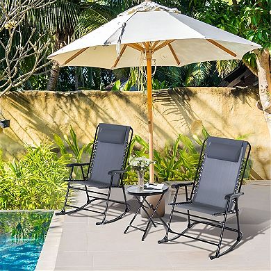 3 Piece Folding Patio Rocking Chair Set with Glass Side Table