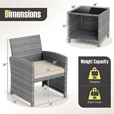 3 Piece Patio Conversation Set with Rattan Chairs and Coffee Table