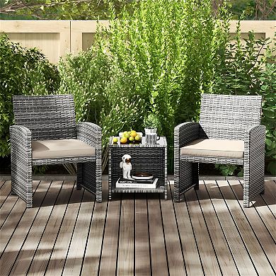 3 Piece Patio Conversation Set with Rattan Chairs and Coffee Table