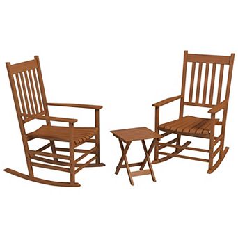 3 pc Wooden Rocking Chair Set with Side Table Slatted Patio Furniture