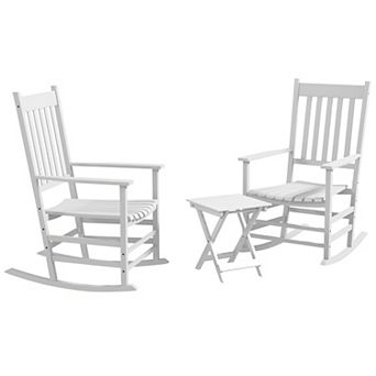 3 pc Wooden Rocking Chair Set with Side Table Slatted Patio Furniture