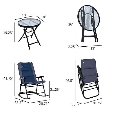 3 Piece Folding Patio Rocking Chair Set with Glass Side Table