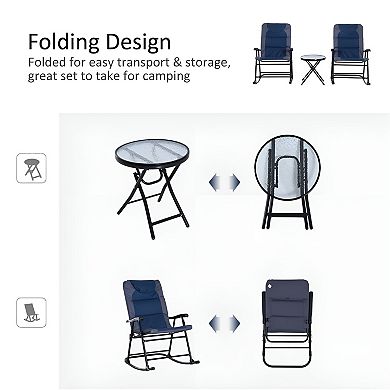 3 Piece Folding Patio Rocking Chair Set with Glass Side Table