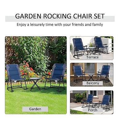 3 Piece Folding Patio Rocking Chair Set with Glass Side Table