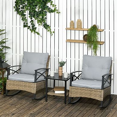 3 Piece Patio Rocking Chair Set with Wicker Chairs and 2 Tier Coffee Table