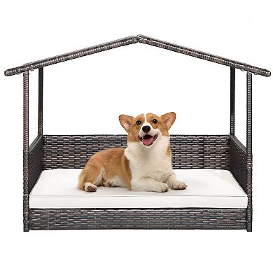 Elevated Dog Bed with Rattan Frame and Removable Cushion