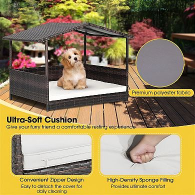 Elevated Dog Bed with Rattan Frame and Removable Cushion