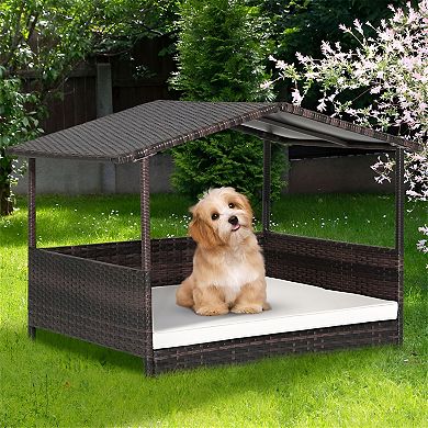 Elevated Dog Bed with Rattan Frame and Removable Cushion
