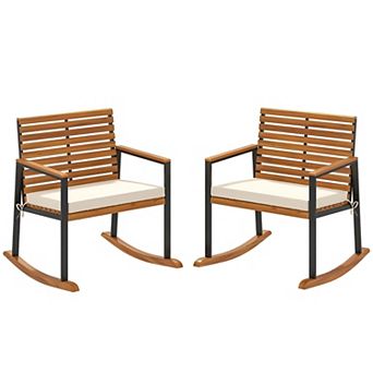 Set of 2 Acacia Wood Rocking Chairs with Cushions