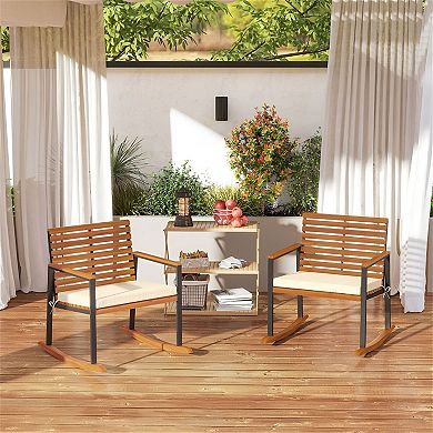 Set of 2 Acacia Wood Rocking Chairs with Cushions