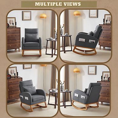 Living Room Rocking Chair with Side Pockets and Lumbar Pillow