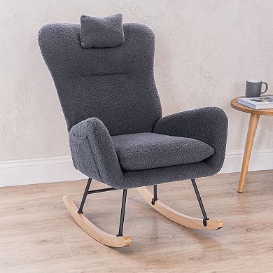 Upholstered Rocking Chair with Curved Backrest and Armrests