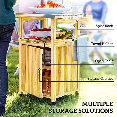 Multi-Use Patio Grill Table with Solid Wood Frame and Stainless Top