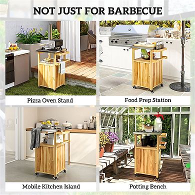 Multi-Use Patio Grill Table with Solid Wood Frame and Stainless Top