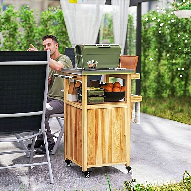 Multi-Use Patio Grill Table with Solid Wood Frame and Stainless Top