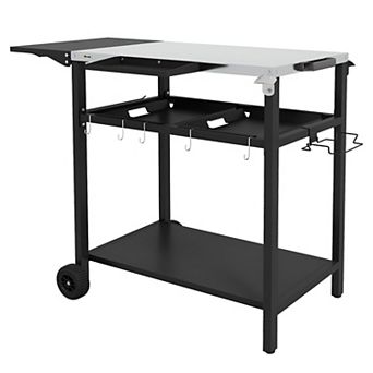 Rolling Outdoor Prep Table with Stainless Steel Top and Storage Shelves