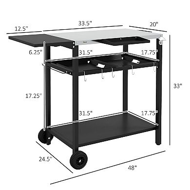 Rolling Outdoor Prep Table with Stainless Steel Top and Storage Shelves