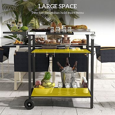 Rolling Outdoor Prep Table with Stainless Steel Top and Storage Shelves