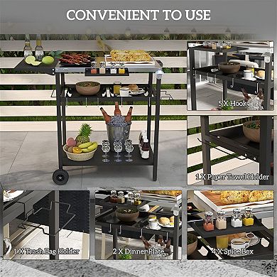 Rolling Outdoor Prep Table with Stainless Steel Top and Storage Shelves