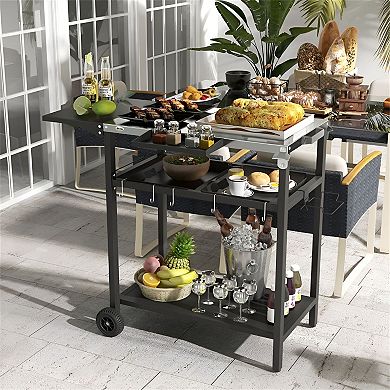Rolling Outdoor Prep Table with Stainless Steel Top and Storage Shelves