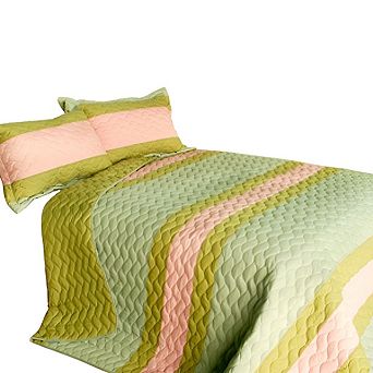 3 pc Cotton Patchwork Quilt Set Wave Design Textured Stitch Bedspread Set