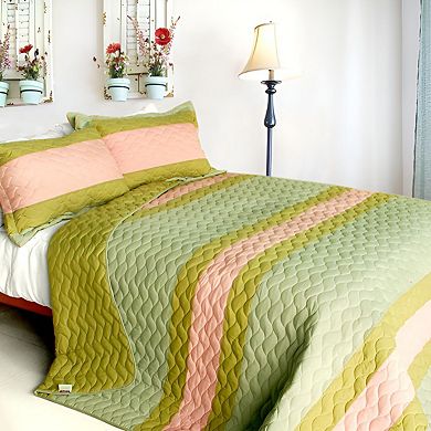 3 Piece Cotton Patchwork Quilt Set Wave Design Textured Stitch Bedspread Set